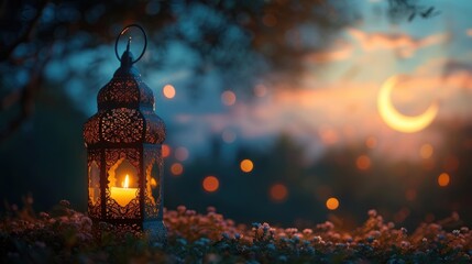 Wall Mural - Ramadan background, lantern, moon in the sky