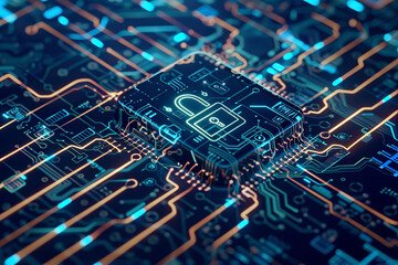 Poster - A computer chip with a padlock on it