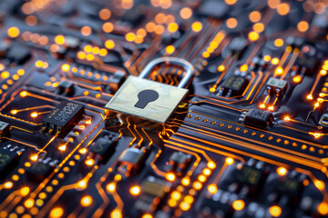Poster - A close up of a circuit board with a padlock on it