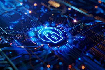 Poster - A blue circuit board with a glowing lock on it