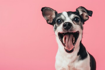 Sticker - Happy funny excited little dog with long ears and wide open mouth on bright background, banner with copy space	

