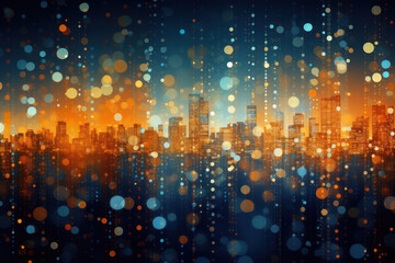 Poster - Futuristic Urban Cityscape: A Digital Skyline of Connected Skyscrapers, Illuminated in Neon Lights, against a Dark Background