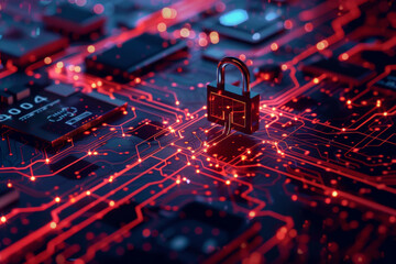 Poster - A padlock is sitting on top of a computer circuit board