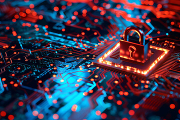 Fototapete - A padlock is sitting on top of a computer chip