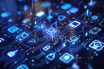 Poster - A computer circuit board with various icons on it