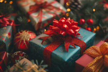 Poster - Colorful festive gifts slide background. Created with Generative AI technology