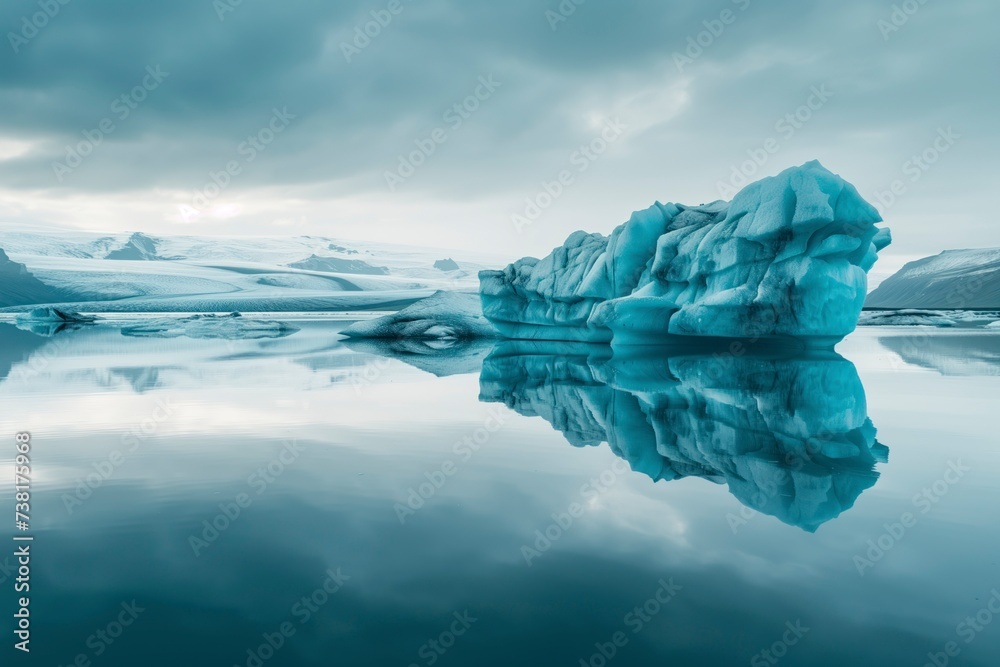 Amidst a serene glacial lake, a towering iceberg reflects the vast ...