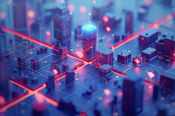 Poster - A computer generated image of a city with a wifi symbol