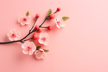 Wall Mural - Soft pink cherry blossoms on pastel background with copy space