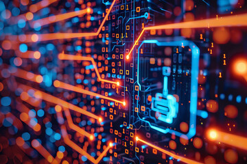 Poster - A computer chip is surrounded by blue and orange numbers