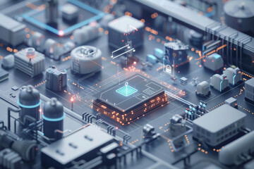 Poster - A computer generated image of a factory with a cpu in the middle
