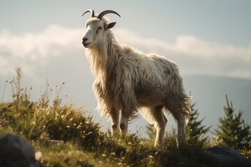 Wall Mural - Closeup of a goat grazing grass in the field