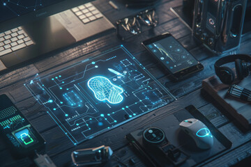 Poster - A computer monitor displays a futuristic image of a human head