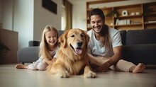 Family Laugh, Home And Dog With Child, Mom And Dad In Living Room With Love In Lounge. Animal, Pet And Mother With Father And Young Kid With Happiness In House With Golden Retriever And Care On Floor