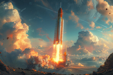 Poster - a futuristic space base with a rocket launching into the vast expanse of the cosmos. generative ai.