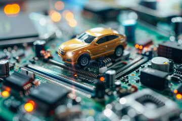 Poster - A toy car is sitting on top of a motherboard