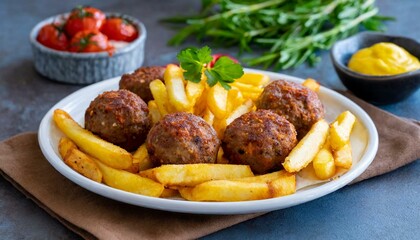 Wall Mural - Turkish Kofte. Meatballs and French fries in a plate