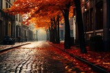Fototapeta Uliczki - A beautiful street with autumn trees and orange leaves