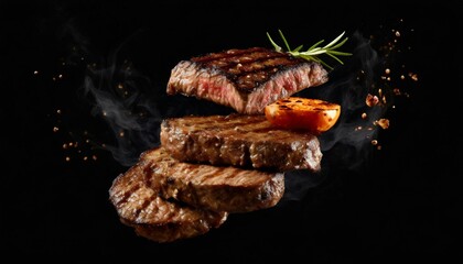 Wall Mural - Flying Grilled Steak on Black Background 