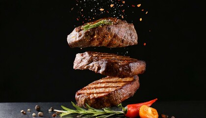 Wall Mural - Flying Grilled Steak on Black Background