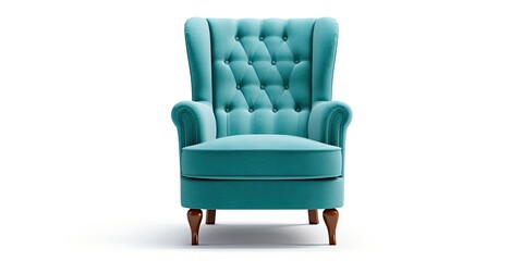 Wall Mural - Teal wing chair isolated on white. Modern light blue accent armchair with armrests and wooden feet. Interior furniture. Turquoise sofa set.
