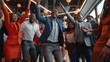 © Asad - Corporate party. Overjoyed group of multicultural students employees dancing in modern office having fun achieving success in teamwork. Excited mixed race colleagues friends celebrate business reward