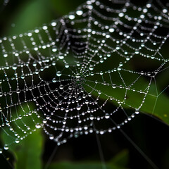 Wall Mural - Macro shot of a dew-covered spider web. 