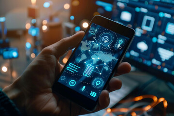 Poster - A person is holding a smart phone with icons on the screen