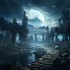 Mystical ruins in a fantasy landscape bathed in moonlight