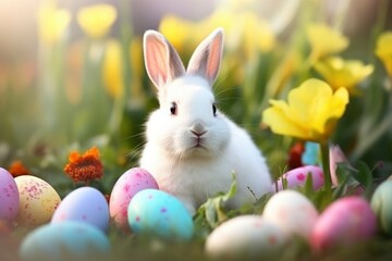 Easter holiday card. Cute fluffy little bunny in the grass with spring flowers and colorful Easter eggs. Happy easter. Spring natural background