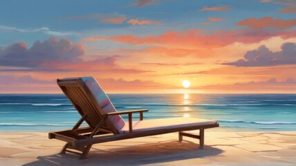 Wall Mural - A serene sunset scene from a sunbed, with the sea and sky painted in beautiful hues