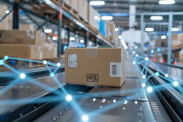 Poster - A cardboard box on a conveyor belt in a warehouse