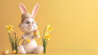 Easter bunny with an easter egg and daffodils on a pastel background with copyspace