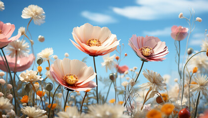 Wall Mural - Tranquil meadow, vibrant flowers, nature beauty in a rural scene generated by AI