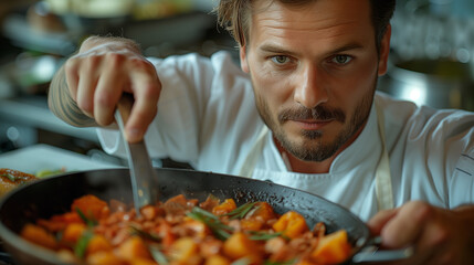 Wall Mural - a man is cooking food in a pan in a kitchen