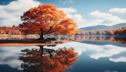 Sticker - Tranquil autumn forest reflects vibrant colors in tranquil pond generated by AI