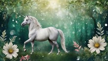 Magical Unicorn Among Green Forest With Flowers, Background With Bokeh Effect, Design For Cards Crafting