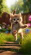 kitty cat kitten running grass flowers cute frightened look jumping towards viewer silly cartoon takeoff still despicable jump