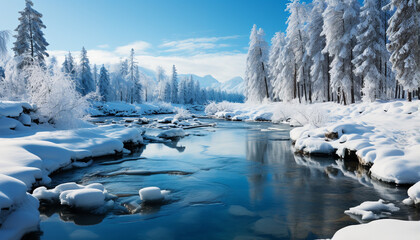 Sticker - Winter landscape snow covered forest, frozen lake, tranquil beauty generated by AI