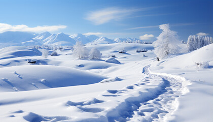 Canvas Print - Winter landscape mountains, trees, and ski slopes covered in snow generated by AI