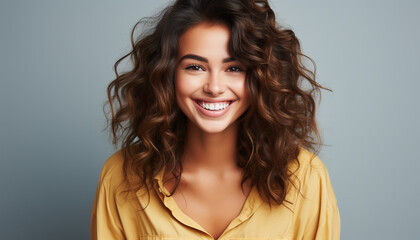 Poster - Smiling woman with long brown hair, looking at camera happily generated by AI