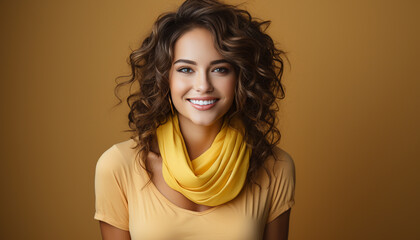 Poster - Smiling woman with brown hair, looking at camera, radiates happiness generated by AI