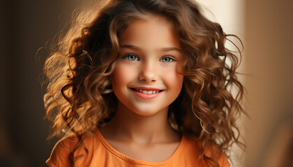 Wall Mural - Smiling cute girl with curly hair, looking at camera happily generated by AI