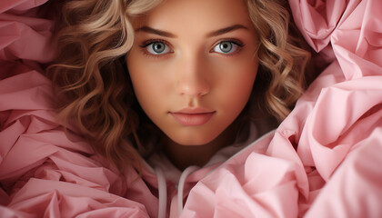 Poster - Beautiful Caucasian woman with blond curly hair looking at camera generated by AI