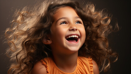 Wall Mural - Smiling girl with curly hair, joyful and carefree, looking at camera generated by AI