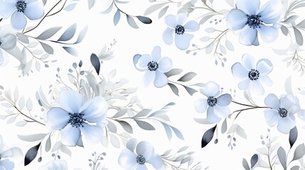  Beautiful seamless watercolour illustration wild blooming floral pattern, delicate flowers, white, blue and light blue flowers, greeting card template on light grey background