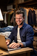 Wall Mural - A young man is working on his laptop in a clothing store.