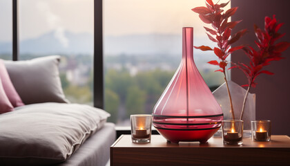 Wall Mural - Comfortable bedroom with modern design, nature inspired decor, and elegant glass vase generated by AI