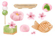 Set of hanami season desserts. Japanese traditional cuisine dishes. Taiyaki, mochi, hanami dango, and sakura flower. Watercolor hand drawn illustration, isolated