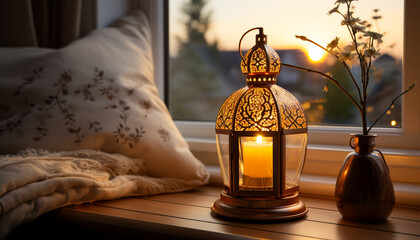 Wall Mural - Cozy winter night candlelight glows, rustic table, antique lantern generated by AI